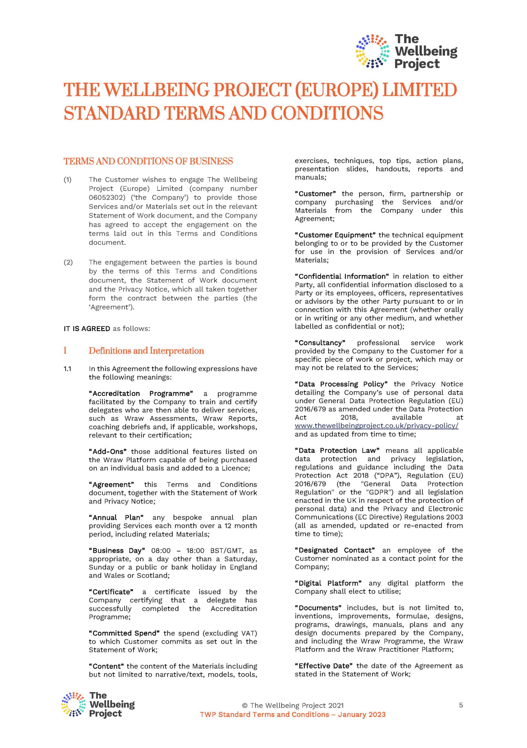 Terms and Conditions - The Wellbeing Project